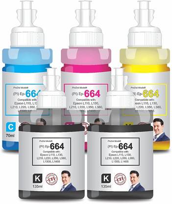 PRODOT Ep 664 Inkjet Ink Refill Compatible with Epson L100, L130, L210, L220, 2 x Black + Tri Color Combo Pack Ink Bottle