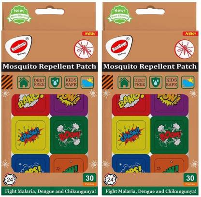 RunBugz Natural Repellent Mosquito Patches for Babies with 24 Hours Protection,30 Patches (Boom Printed) -(Pack of 2)