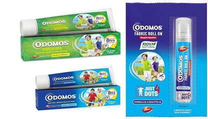 Odomos Natural Green 23g + Blue 23g + Roll On 8ml , Non Sticky Mosquito Repellent Cream