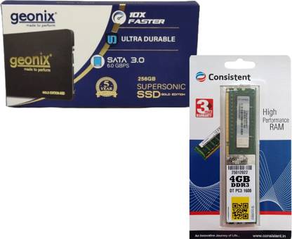 GEONIX Gold Edition SSD, PC 4GB DDR3 PC3-1600 RAM Combo Set 256 GB Desktop, Laptop SSD Black, RAM Blue SATA III Internal Solid State Drive (SSD) (Gold-Edition-256GB-SSD_4GB DDR3 PC3-1600 Combo Set)