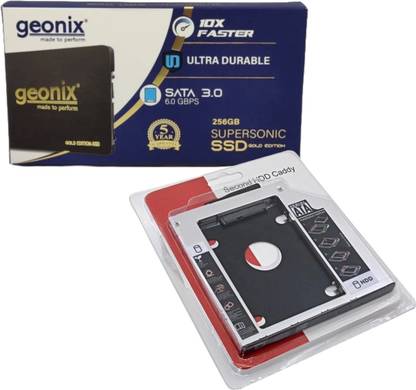 GEONIX 256GB Supersonic SSD + Internal HDD Caddy 9.5mm 256 GB Laptop, Desktop, All in One PC's Black SSD, Silver Caddy SATA III Internal Solid State Drive (SSD) (Combo Set)
