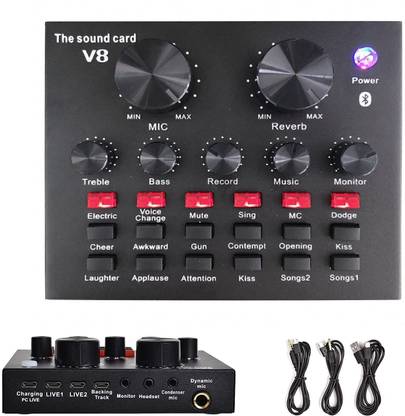Urban Infotech V8 Mini Audio Mixer Portable Live Sound Card Bluetooth Audio Interface System with Multiple Sound Effects for Singing Broadcasting Recording Compatible with IOS Android Window Powered Sound Mixer