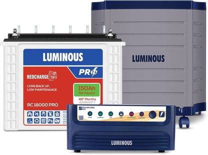 LUMINOUS Power Sine 800 Pure Sine Wave 700VA/12V Inverter with RC 18000 PRO & Trolley Tubular Inverter Battery