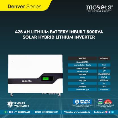 moseta 425 AH LITHIUM BATTERY INBUILT 5000 VA HYBRID INVERTER Denver 425/5000 VA Solar Hybrid Lithium Battery & Inverter Pure Sine Wave Inverter