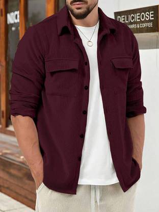 COMBRAIDED Men Self Design Casual Maroon Shirt