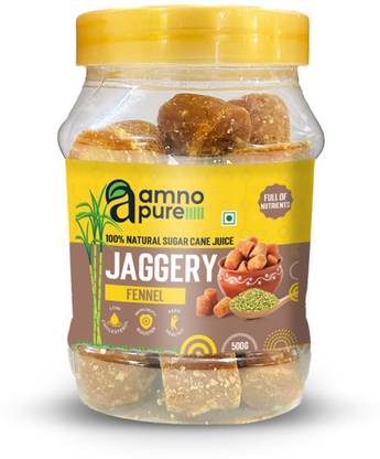 Amno Pure 100% Natural Sugar Cane Jaggery 18G Cube with Fennel Seeds,Cholestrol free Cubes Jaggery