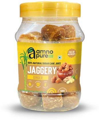 Amno Pure 100% Natural Sugar Cane Jaggery 18G Cube with Ginger, Cholestrol free, Fat free Cubes Jaggery