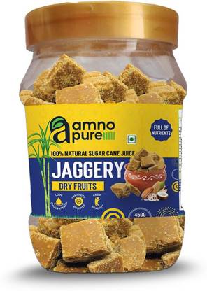Amno Pure 100% Natural Sugar Cane Jaggery 30G Square with Assorted Dry Fruits Cubes Jaggery