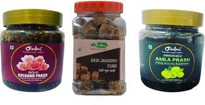 orgatma Combo Pack Of Jaggery Cube , Gulkand And Amla Prash Powder + Block Jaggery