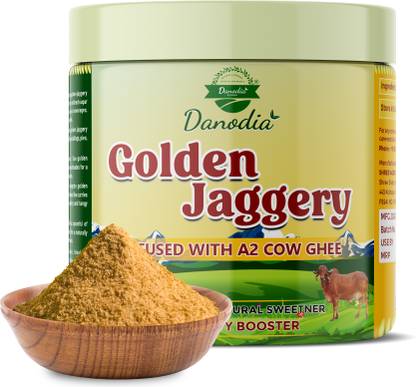 Danodia Foods Golden Jaggery with A2 Cow Ghee | Made from Sugarcane Juice & Pure A2 Ghee Powder Jaggery