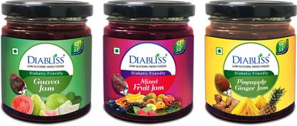 DiaBliss Jam Combo - Mixed Fruit, Pineapple Ginger, Guava each 225g - Low GI