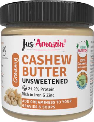 Jus' Amazin Creamy Cashew Butter - Unsweetened (200g) | 21% Protein | Plant Based Nutrition | 100% Cashewnuts | Zero Additives | Vegan | Dairy-Free | 100% Natural