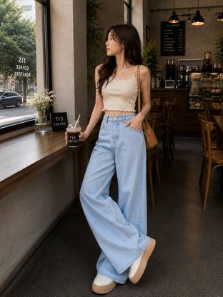 Women Loose Fit High Rise Light Blue Jeans