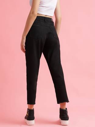 Women Boyfriend Mid Rise Black Jeans