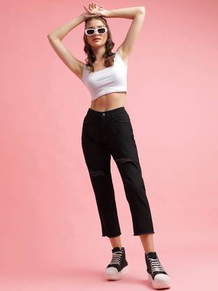 Women Boyfriend Mid Rise Black Jeans