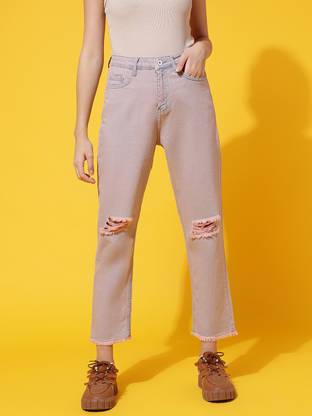 Women Boyfriend Mid Rise Orange Jeans