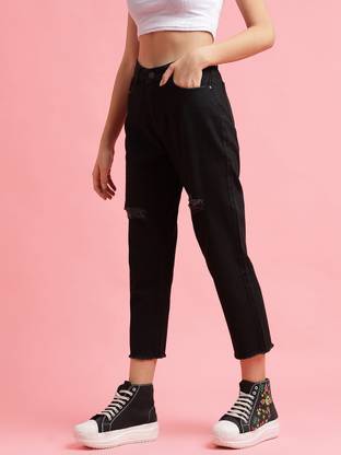 Women Boyfriend Mid Rise Black Jeans