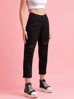 Women Boyfriend Mid Rise Black Jeans