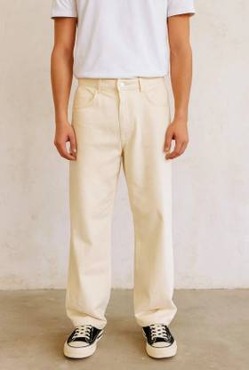 M Q Denim Loose Fit Men Beige Jeans