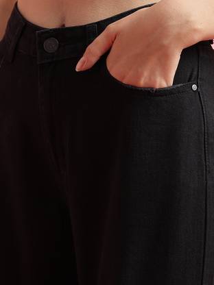 Women Boyfriend Mid Rise Black Jeans