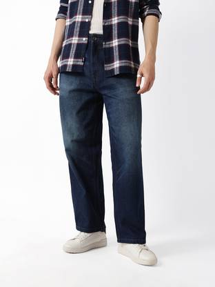 Men Baggy Fit Mid Rise Dark Blue Jeans