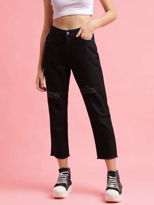 Women Boyfriend Mid Rise Black Jeans