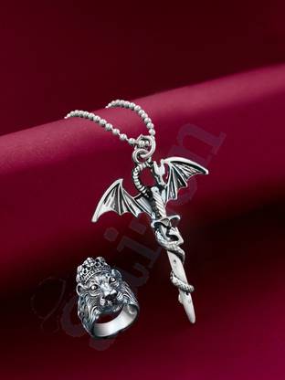 Saizen Silver Dragon Pendant with KGF ring combo set for Men/Boys/Husband & Unisex Silver Stainless Steel Locket Set