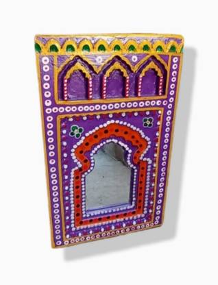 Marwar handicraft Mehrab Style Hand paint Beautiful Wall Decor Wooden Mirror Frame. Glass, Wooden Jharokha