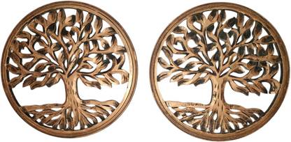 H D Furnishing Copper Colour Hand Carved Wooden Round Wall Panels – Tree of Life Design Wooden Jharokha