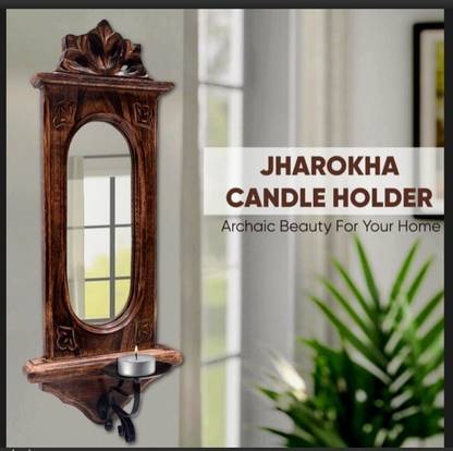 Karigar Creations Jharokha Mirror Reflection Candle Holder Home Decor Decorative Item 17x7 Inch Wooden Jharokha