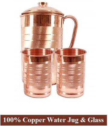 PINNU 1 ltr Copper Water Jug with 2 Glass Joint Free Leak Proof Jug Glass Set
