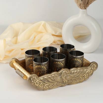 NAVRANG Serving Tray Set Embossed Peacock Design Glass Tray Set
