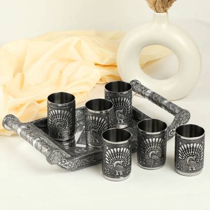 NAVRANG Oxidized Latest Serving Tray , Wooden Serving Tray, Tray Serving Set, Handicraft Tray Glass Tray Set