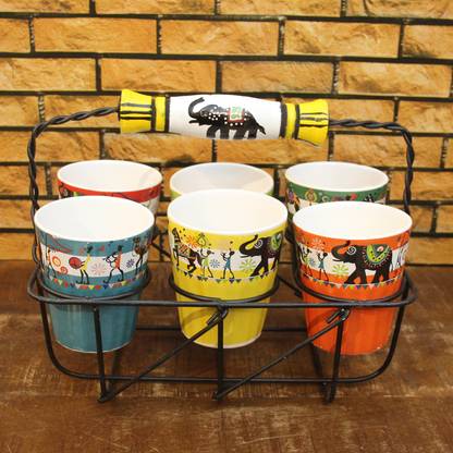 Puri Cutting Chai Cups with Stand � Set of 6 (Elephant & Camels) Glass Tray Set