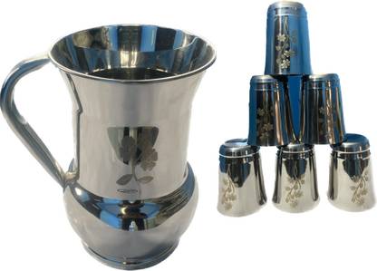 CLASY Fancy Stainless Steel Laser printed Jug with Glass Set (6Pcs) Jug Glass Set