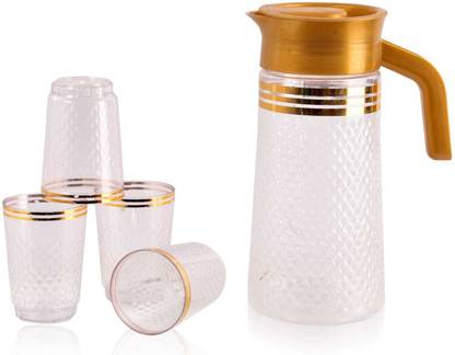 BHAGYASHREE ENGINEERING 1 Plastic Water Jug with Lid & Handle 4 Pcs Transparent Crystal Glass for Juice Jug Glass Set