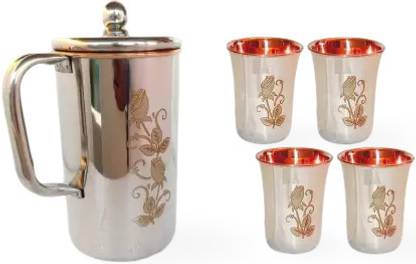 RAGHAV Pure Steel Copper Designed Jug Volume- Jug 1600 ML With 4 Glasses 300ml Jug Glass Set