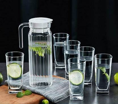 VLKMK 1300 ml with Lid Drinking Glasses Set 6 300ML, Jug Glass Set