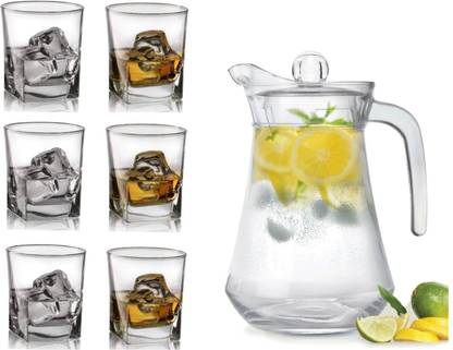 MDNSHO Glass jug 1300 ml with Lid Drinking Glasses Set 6 Glass 290ML, Water JUG SET Jug Glass Set