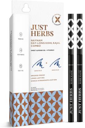 Just Herbs Naynam Day Long kohl Kajal Smudge-Proof Sweet Almond Oil & Vitamin E Set Of – 2  (Indigo Blue, 0.6 g)