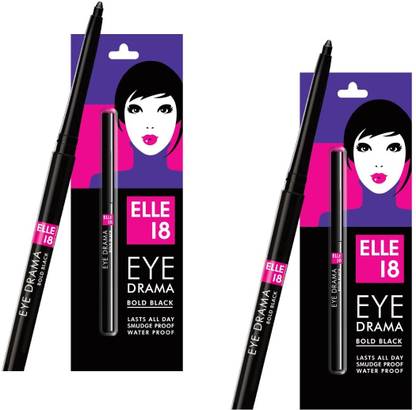 ELLE 18 Eye Drama Kajal, Matte Finish, Super Black, Waterproof, 0.35 G Pack of 2