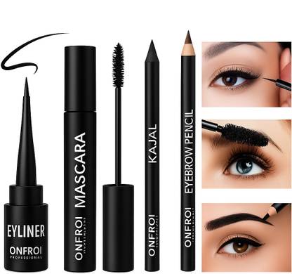 Onfroi Eye Makeup Kit – Eyeliner, Mascara, Kajal, Eyebrow Pencil – 4 in 1 Combo