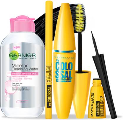 MAYBELLINE NEW YORK Call me colossal Kit-Mascara+ Kajal+ Bold Liner+ Garnier Micellar  (Black, 205 g) at Rs. 556
