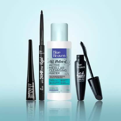 BLUE HEAVEN Dramatic Eyes Essential Make-up Set-Mascara+ Kajal+ Eyeliner + Micellar Water  (Black, 141.3 ml) at Rs. 347