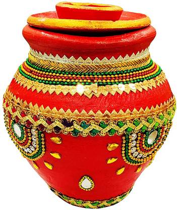 TobbDecor Handcrafted Karva with Lid Diya, Mitti Karwa Lota for Karwachauth Puja Earthenware Kalash