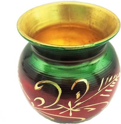 Real Craft Designer Brass Pooja Kalash, Puja Lota-10x10x8 cm, Karwa Chauth Lota, Karva Design Printed Brass Karwa, Kalash, 110 Gm Brass Kalash