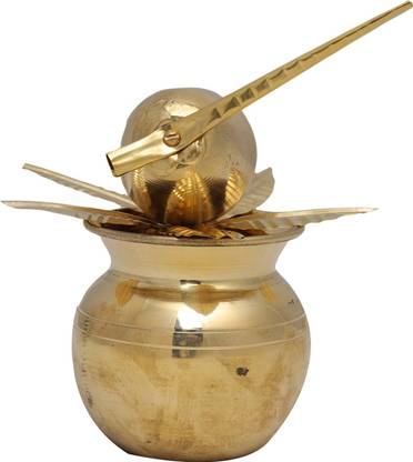 Jagannath World Glossy Brass Mangal Kalash/Kalasam with Brass Coconut and Mango Leafs for Pooja Brass Kalash