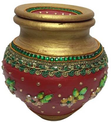 SMC home Decor Decorated Handmade Pooja Terracotta Clay Earthen Karwa Karwa Chauth Terracotta Kalash
