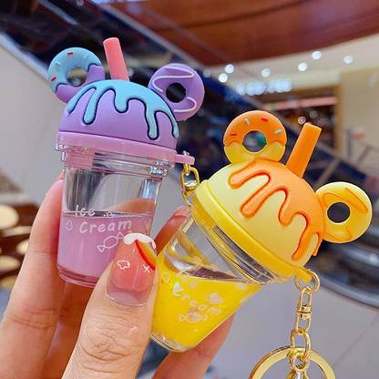 gtrp Cartoon Mickey Head Keychain Cute Donut Milk Tea Cup Liquid Quicksand Key Chain