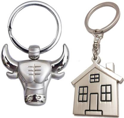 kd collections KD-BULL-HUT Bull Keychain & Home Hut House Metal Keychain Combo - Silver Color Key Chain